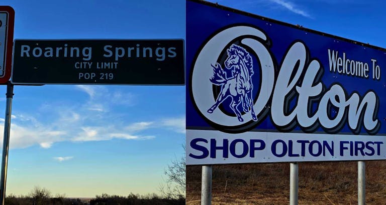 Roaring Springs and Olton TX signs
