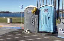 San Diego porta potty with memorial to deceased baby
