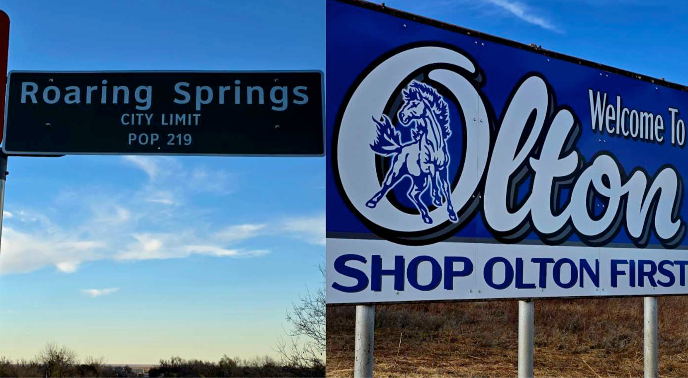 Roaring Springs and Olton TX signs