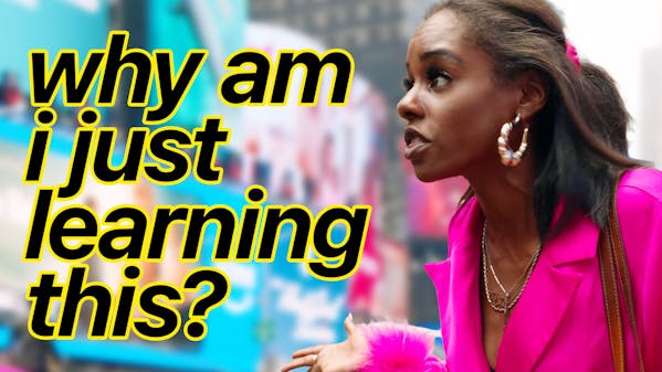 black woman in bright pink blazer, caption: Why am I just learning this?
