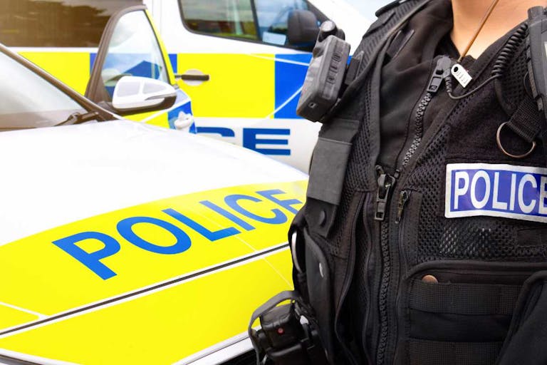 Photo: Lawrey Anstis/Getty Images Close-up of anonymous police officer wearing stab proof vest uniform and gear worn by constablury at the scene of an event. They are in front of emergency services police force vehicles featuring a cop car and police van, in response to an incident. Officers provide law enforcement, establish public order and protect citizens.