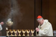 Photo: Scott Olson/Getty Images CHICAGO, ILLINOIS - APRIL 23: Cardinal Blase Cupich, the Archbishop of Chicago, presides over a mass at Holy Name Cathedral honoring the late Pope Francis on April 23, 2025 in Chicago, Illinois. Pope Francis, 88, died on Monday morning after he appeared in St Peter's Square on Easter Sunday, greeting thousands of worshippers. Cupich will head to the Vatican this week to participate in the selection of the next pope.