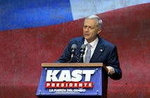 TOPSHOT - Chile's presidential candidate Jose Antonio Kast, of the Partido Republicano party, gives a speech as he celebrates the results of the presidential runoff election in Santiago on December 14, 2025. Chilean voters elected Jose Antonio Kast, the most right-wing president in 35 years of democracy, with a thumping 58 percent of votes and his rival Jeannette Jara conceding defeat, according to official results on December 14, 2025.