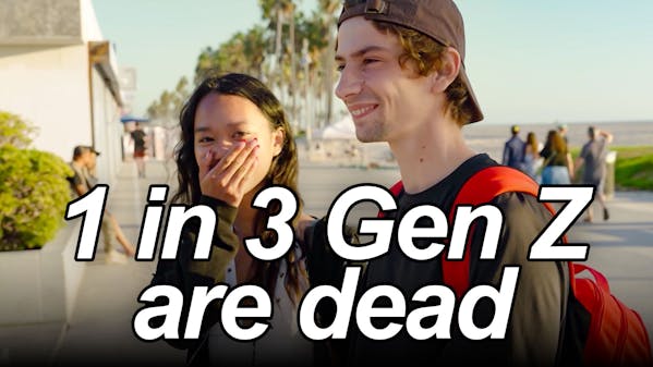 young man and woman standing on the sidewalk, caption: 1 in 3 Gen Z are dead