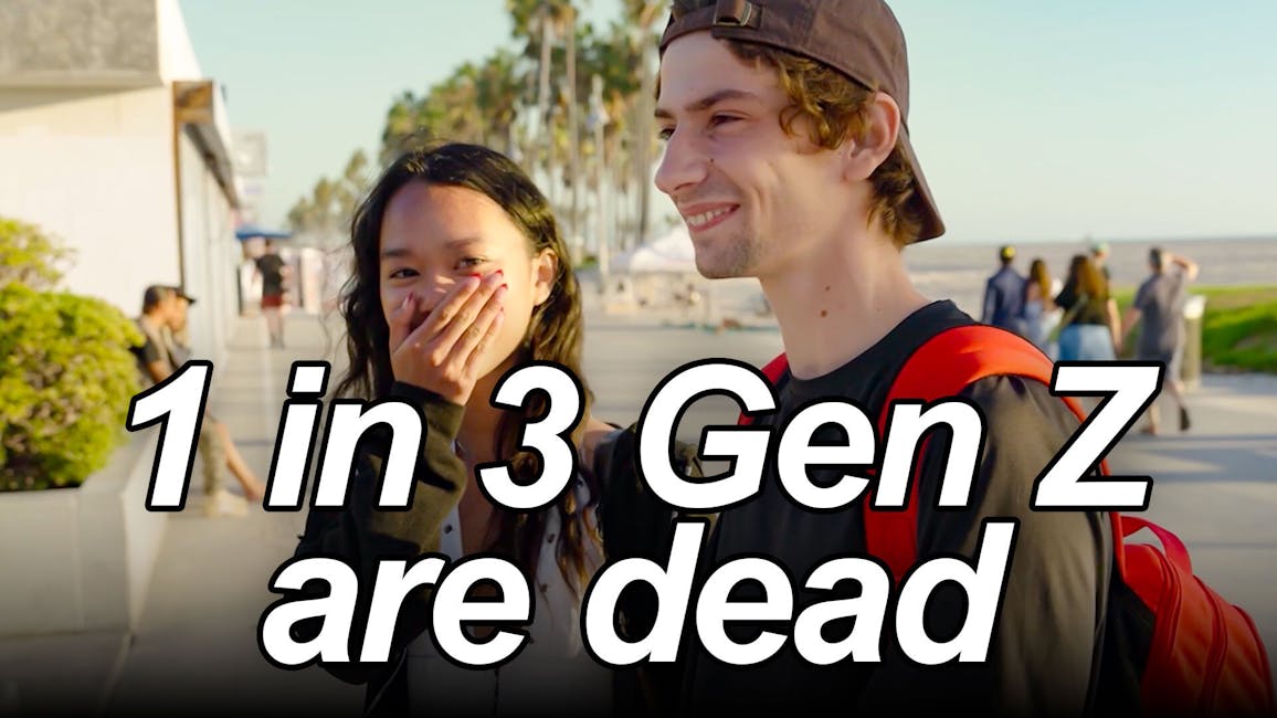 young man and woman standing on the sidewalk, caption: 1 in 3 Gen Z are dead