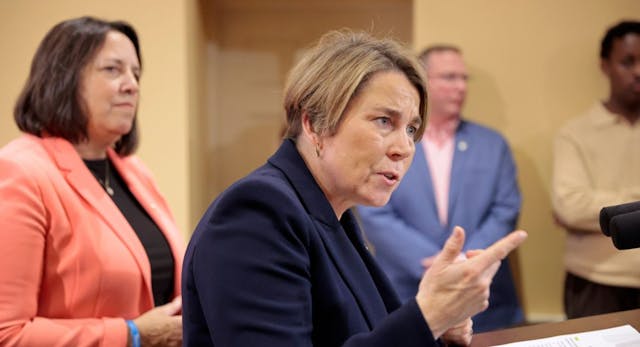 Boston, MA - November 6: Massachusetts Governor Maura Healey, accompanied by Lieutenant Governor Kim Driscoll, gives the media and the public her thoughts on the 2024 election results, in her State House reception room.