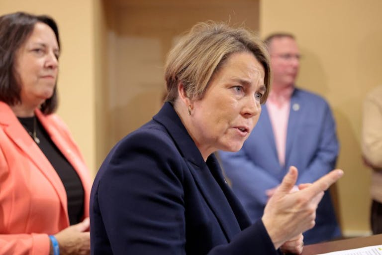 Photo: Pat Greenhouse/The Boston Globe via Getty Images Boston, MA - November 6: Massachusetts Governor Maura Healey, accompanied by Lieutenant Governor Kim Driscoll, gives the media and the public her thoughts on the 2024 election results, in her State House reception room.