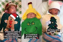The photo shows three babies in the NICU at Photo: Cleveland Clinic Children's Facebook. The first is wearing a gingerbread man sweater. The second is wearing a Grinch sweater and hat like Cindy Lou Who's blond hair. The third is wearing a Christmas tree sweater featuring a cat climbing the branches.