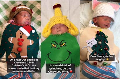 The photo shows three babies in the NICU at Photo: Cleveland Clinic Children's Facebook. The first is wearing a gingerbread man sweater. The second is wearing a Grinch sweater and hat like Cindy Lou Who's blond hair. The third is wearing a Christmas tree sweater featuring a cat climbing the branches.