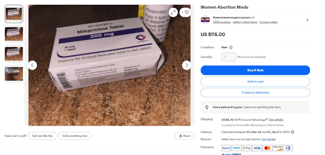 The Women Emergency Queen selling abortion pills on Ebay