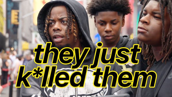 three young black men in Times Square, caption: they just killed them