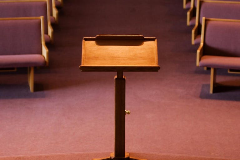 Image shows a pulpit in a church.