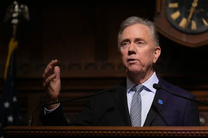 HARTFORD, NY - FEBRUARY 5: Gov. Ned Lamont proposes a new two-year, $55 billion budget during a speech to a joint gathering of the Senate and House of Representatives at the State Capitol in Hartford, Conn., Wednesday, February 5, 2025. (Dave Zajac/Connecticut Post via Getty Images)
