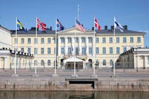 Photo by Steffen Trumpf/picture alliance via Getty Images FILED - 13 July 2023, Finland, Helsinki: The flags of the Nordic countries Sweden, Norway, Iceland, Denmark and Finland and the US flag are seen outside the Finnish presidential palace during a visit by US President Joe Biden to Helsinki. Photo: Steffen Trumpf/dpa (Photo by Steffen Trumpf/picture alliance via Getty Images)