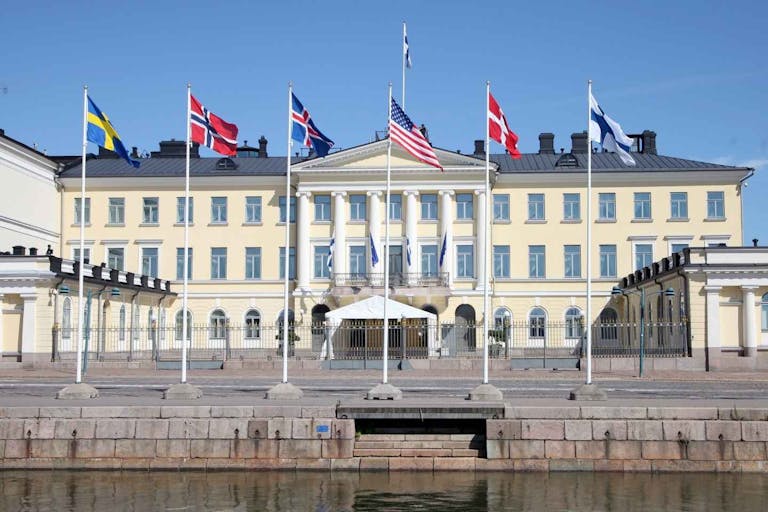 Photo by Steffen Trumpf/picture alliance via Getty Images FILED - 13 July 2023, Finland, Helsinki: The flags of the Nordic countries Sweden, Norway, Iceland, Denmark and Finland and the US flag are seen outside the Finnish presidential palace during a visit by US President Joe Biden to Helsinki. Photo: Steffen Trumpf/dpa (Photo by Steffen Trumpf/picture alliance via Getty Images)