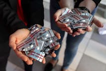 Photo: WOJTEK RADWANSKI/AFP via Getty Images Polish ro-choice activists Justyna Wydrzynska of the "Abortion Dream Team" women's rights group and Manon Aubry from La France Insoumise (LFI) party present abortion pills donated by representatives of LFI for Poland's first activist-run abortion consultation point in Warsaw, Poland, on April 29, 2025. French hard-left politicians visited Poland on Tuesday to bring abortion and morning-after pills and show support to activists in the Catholic country whose termination laws are some of Europe's most stringent. (Photo by Wojtek RADWANSKI / AFP) (Photo by WOJTEK RADWANSKI/AFP via Getty Images)