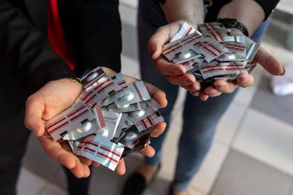 Polish ro-choice activists Justyna Wydrzynska of the "Abortion Dream Team" women's rights group and Manon Aubry from La France Insoumise (LFI) party present abortion pills donated by representatives of LFI for Poland's first activist-run abortion consultation point in Warsaw, Poland, on April 29, 2025. French hard-left politicians visited Poland on Tuesday to bring abortion and morning-after pills and show support to activists in the Catholic country whose termination laws are some of Europe's most stringent. (Photo by Wojtek RADWANSKI / AFP) (Photo by WOJTEK RADWANSKI/AFP via Getty Images)
