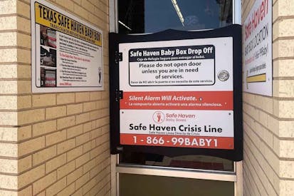 Image shows a Safe Haven Baby Box at a Lubbock, Texas fire station.
