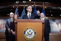 UNITED STATES - JANUARY 7: Speaker of the House Mike Johnson, R-La., conducts a news conference in the Capitol Visitor Center after a meeting of the House Republican Conference on Wednesday, January 7, 2026. Also appearing are, from left, Rep. Carlos Gimenez, R-Fla., House Republican Conference Chair Lisa McClain, R-Mich., and Majority Leader Steve Scalise, R-La.