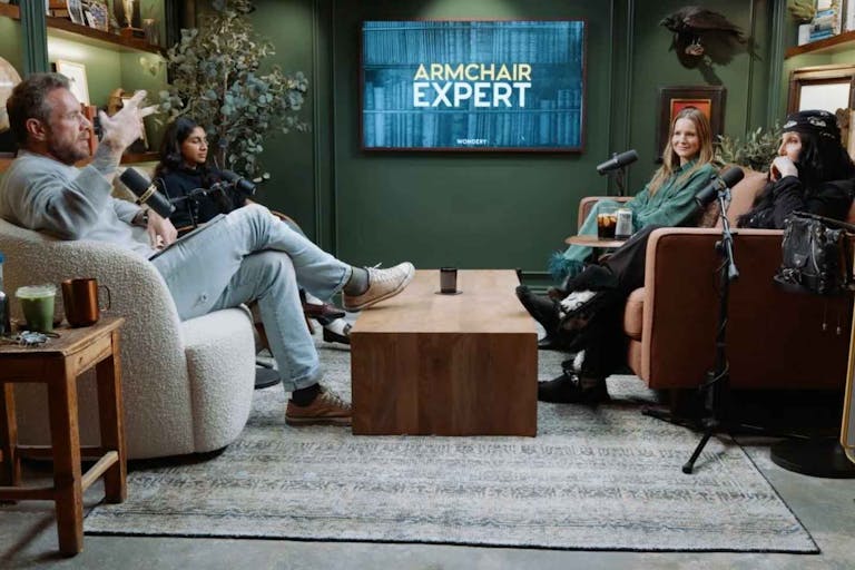 Screenshot: Armchair Expert/YouTube Dax Shepard, Monica Padman, Kristen Bell, and Cher in an appearance on the "Armchair Expert" podcast.