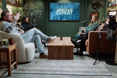 Dax Shepard, Monica Padman, Kristen Bell, and Cher in an appearance on the "Armchair Expert" podcast.