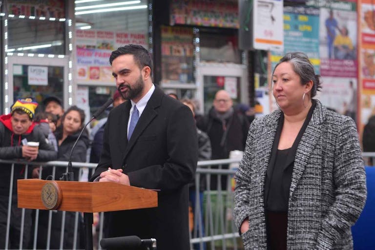 NEW YORK, UNITED STATES - JANUARY 7: Mayor of New York City, Zohran Mamdani, appoints Christine Clarke (R) as the chair and commissioner of the City Commission of Human Rights with a press briefing in Jackson Heights, Queens, New York City, United States on January 7, 2026. (Photo by Selcuk Acar/Anadolu via Getty Images)