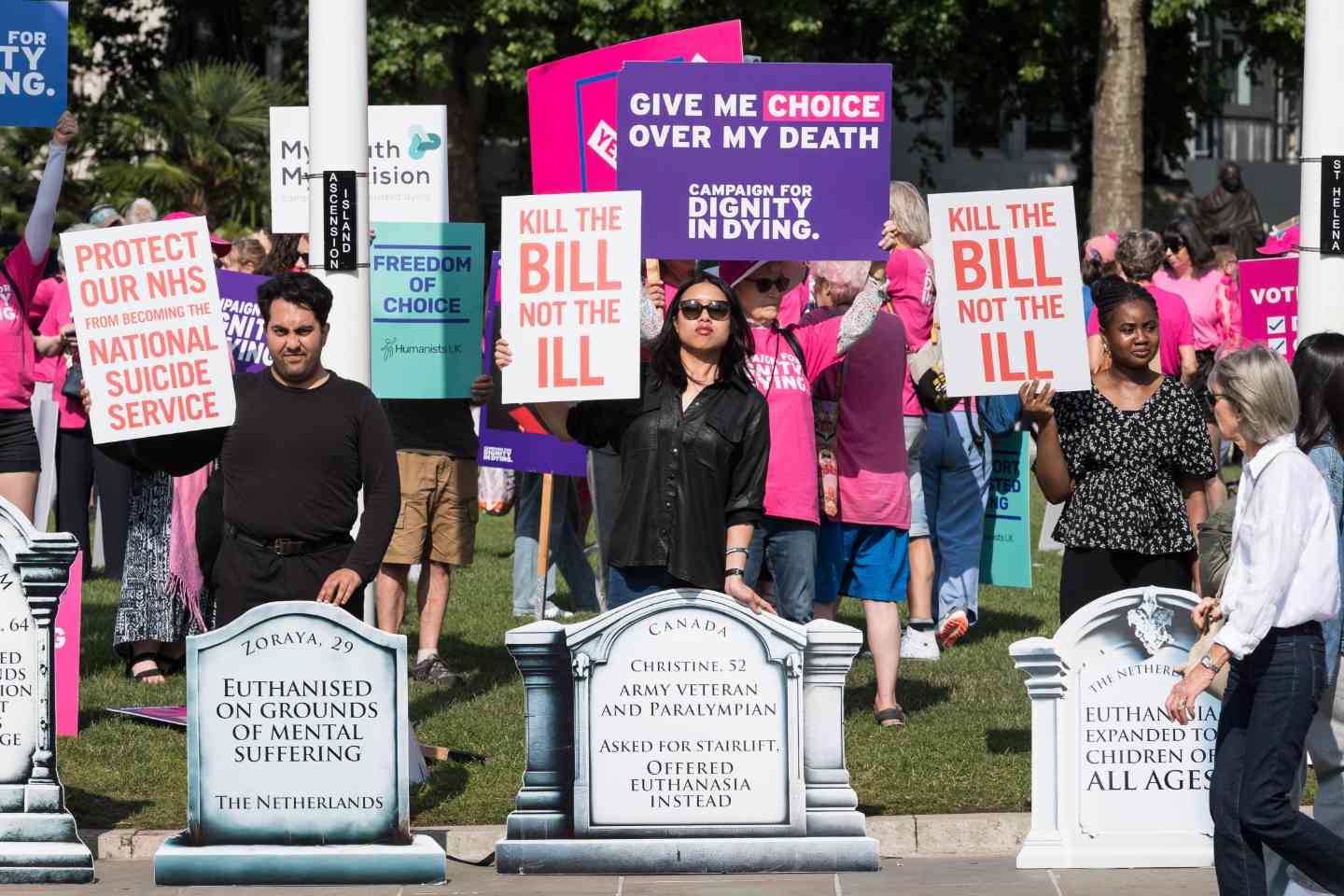Supporters and opponents of assisted dying gathered in Parliament Square during debate on the Terminally Ill Adults End of Life Bill in London