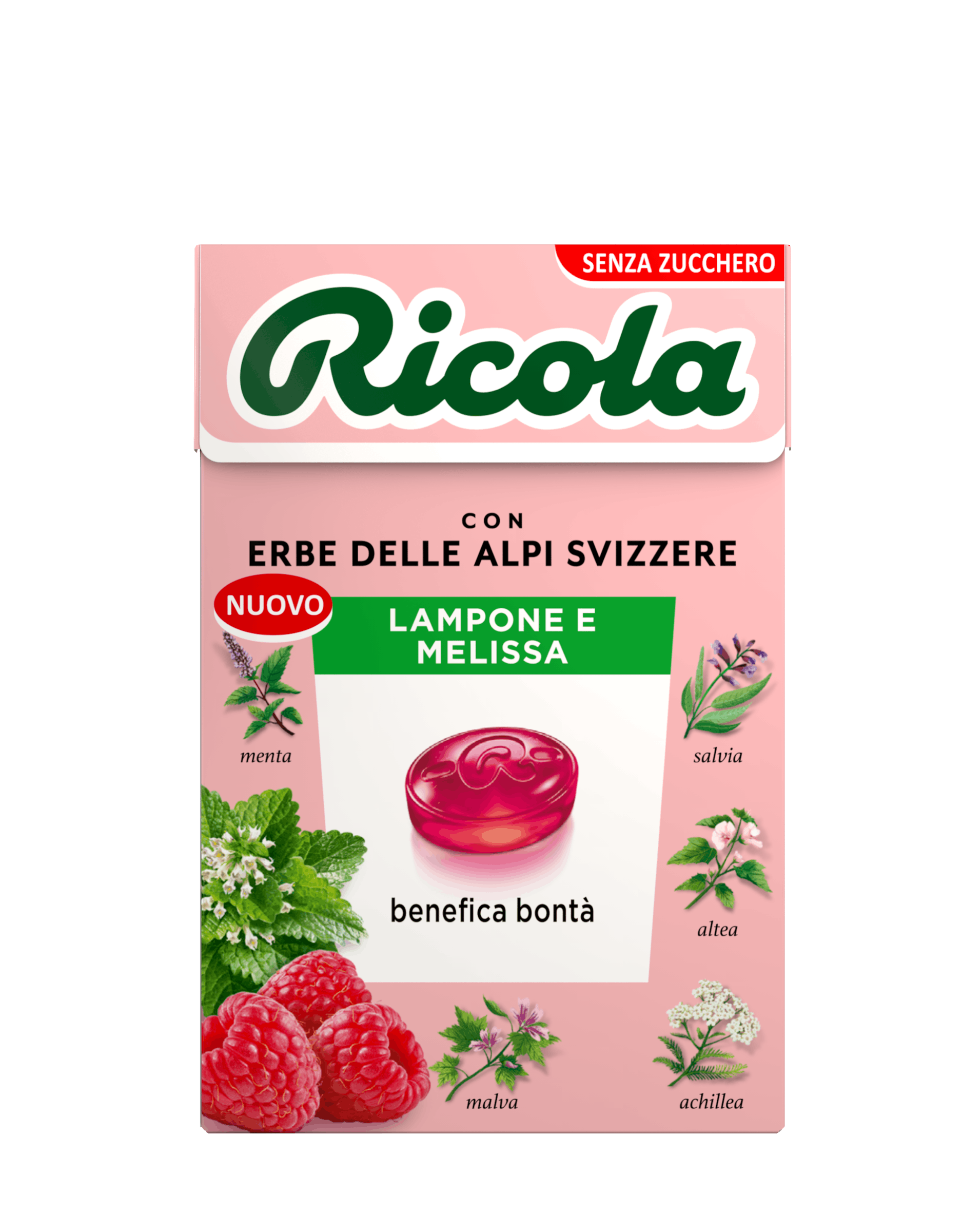 Confezione di Ricola Drink Cubes al gusto di lampone e menta.