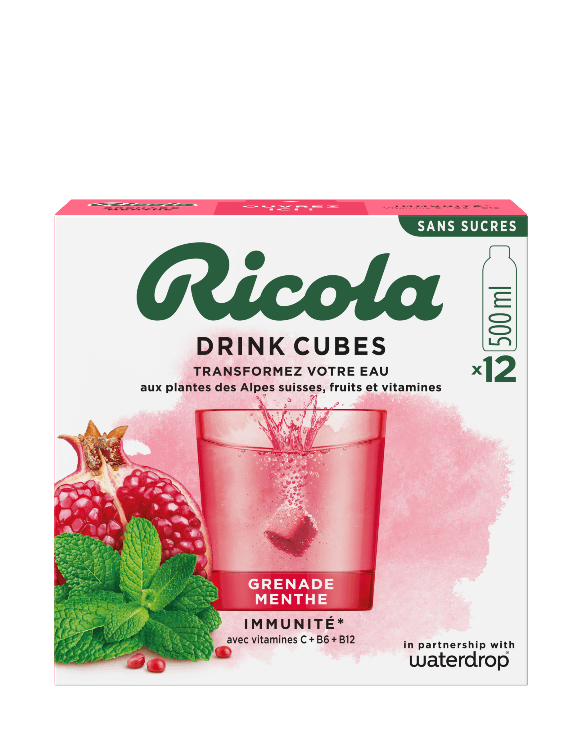 Boîte de Ricola Drink Cubes au goût de grenade et de menthe.