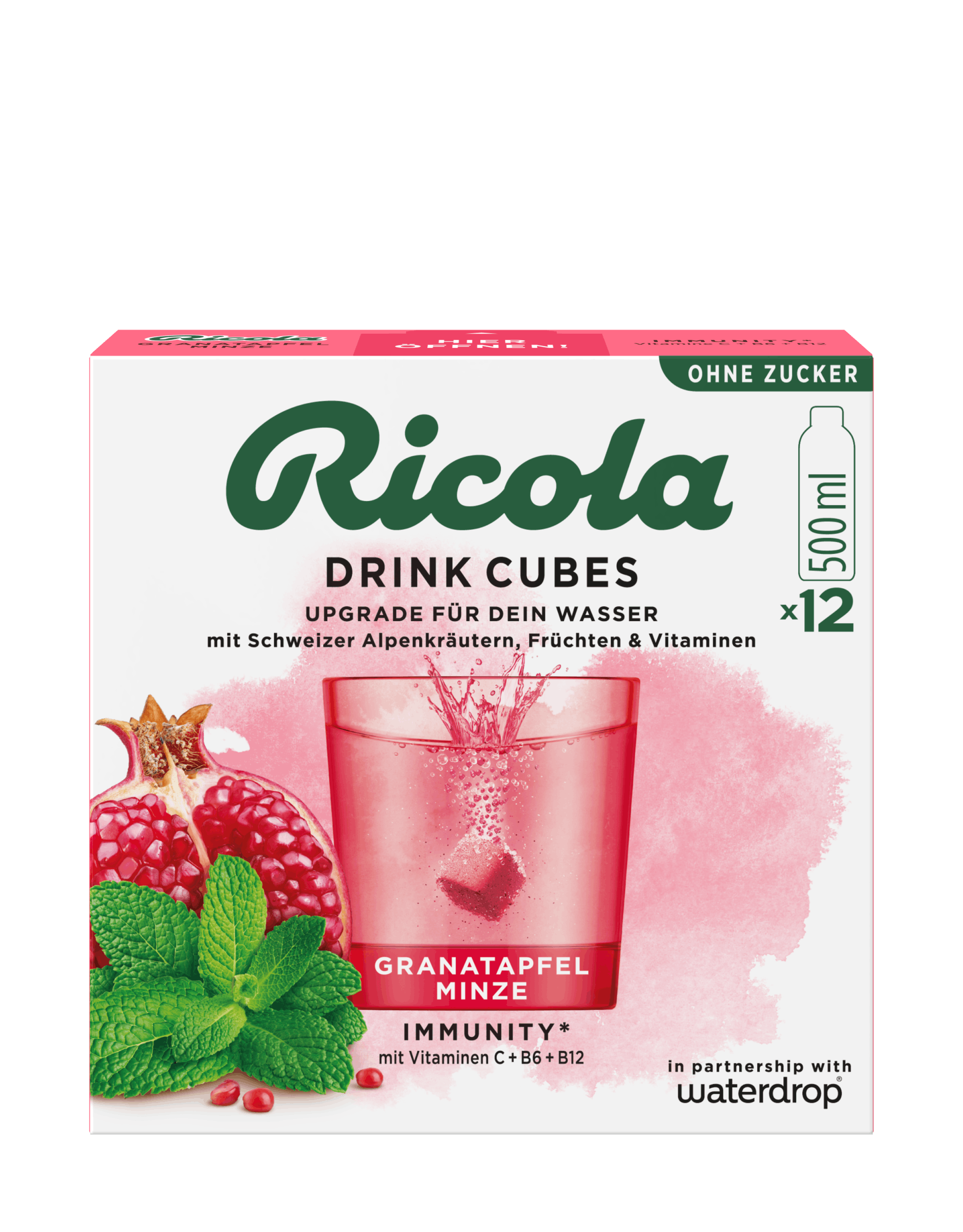 Ricola Drink Cubes box featuring pomegranate-mint flavor.