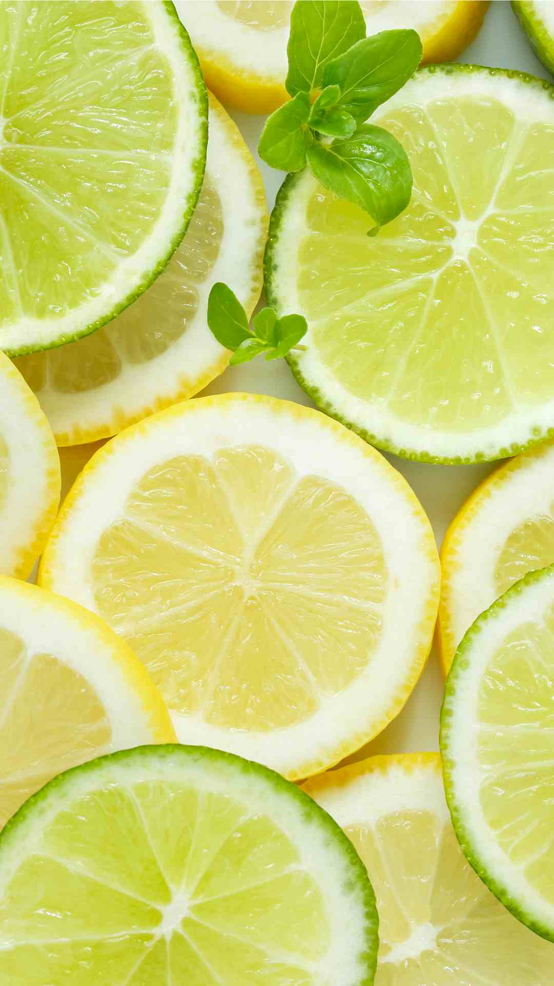 Top-down view of overlapping yellow lemon and green lime slices garnished with fresh mint leaves.