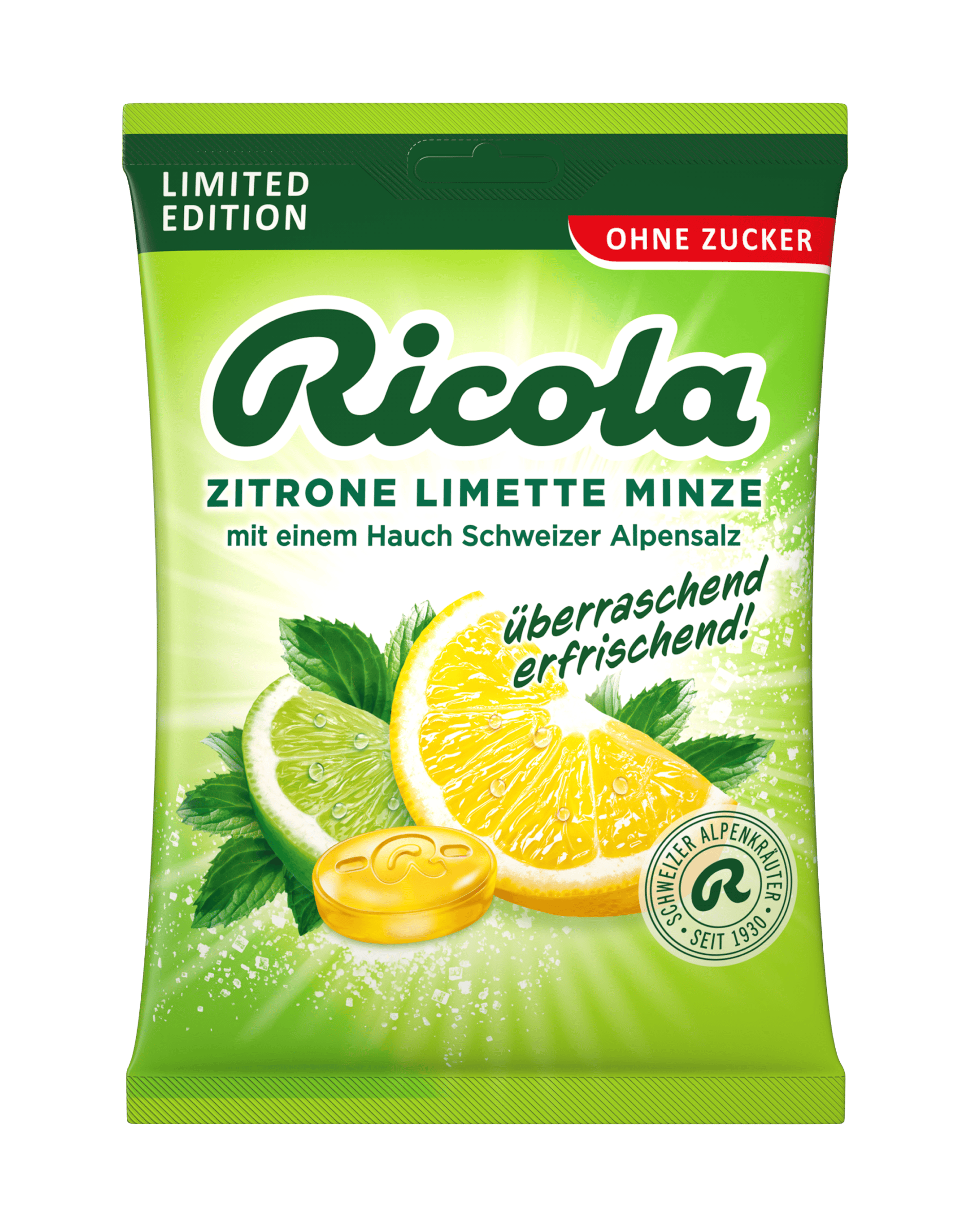 Zuckerfreier Ricola Zitrone Limette Minze Bonbon-Beutel (Limited Edition) in Grün mit Zitronen- und Limettenscheiben, Minzblättern und Schweizer Alpensalz.