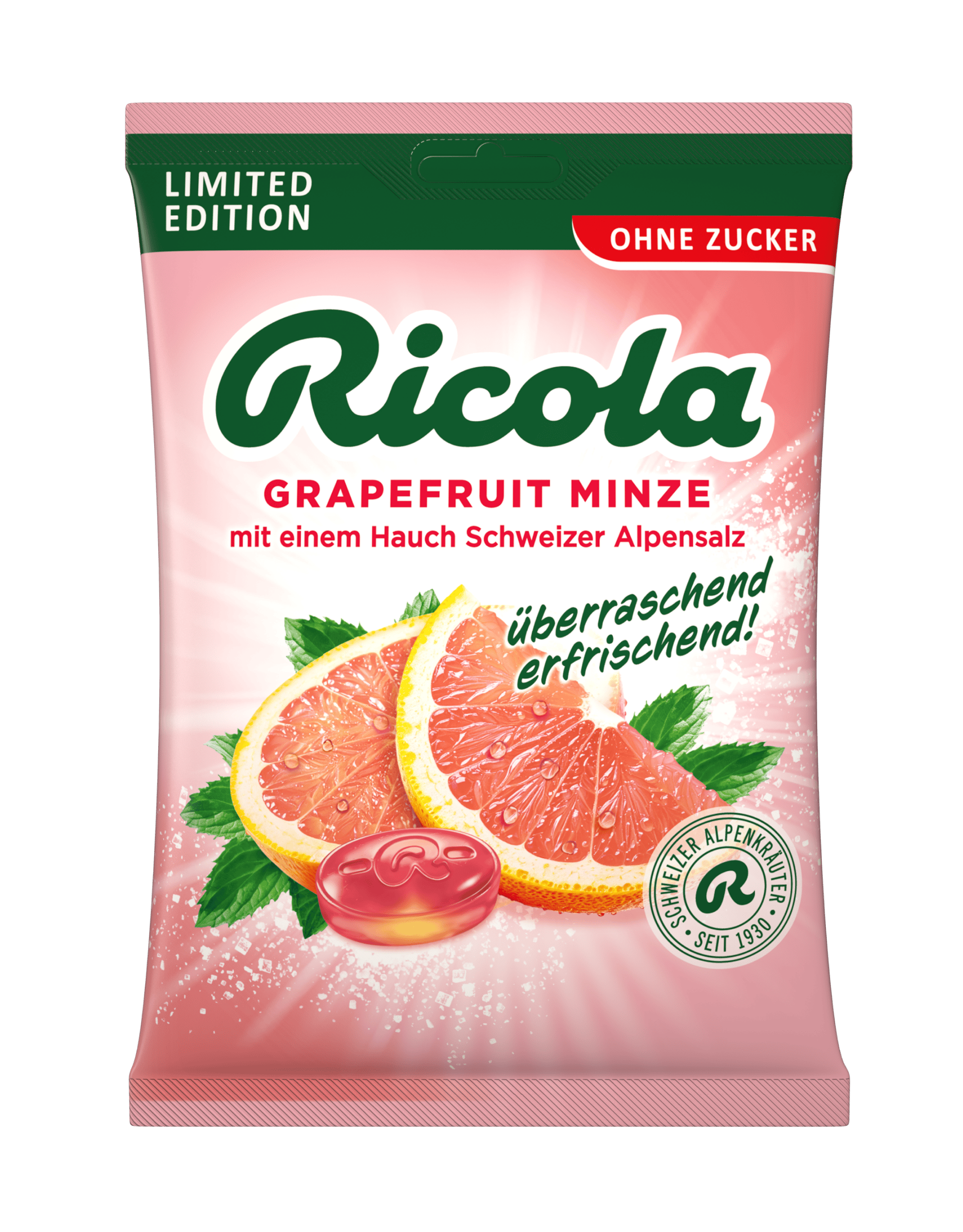 Zuckerfreier Ricola Grapefruit Minze Bonbon-Beutel (Limited Edition) in Rosa mit Pamplemousse-Scheiben, Minzblättern und Schweizer Alpensalz.