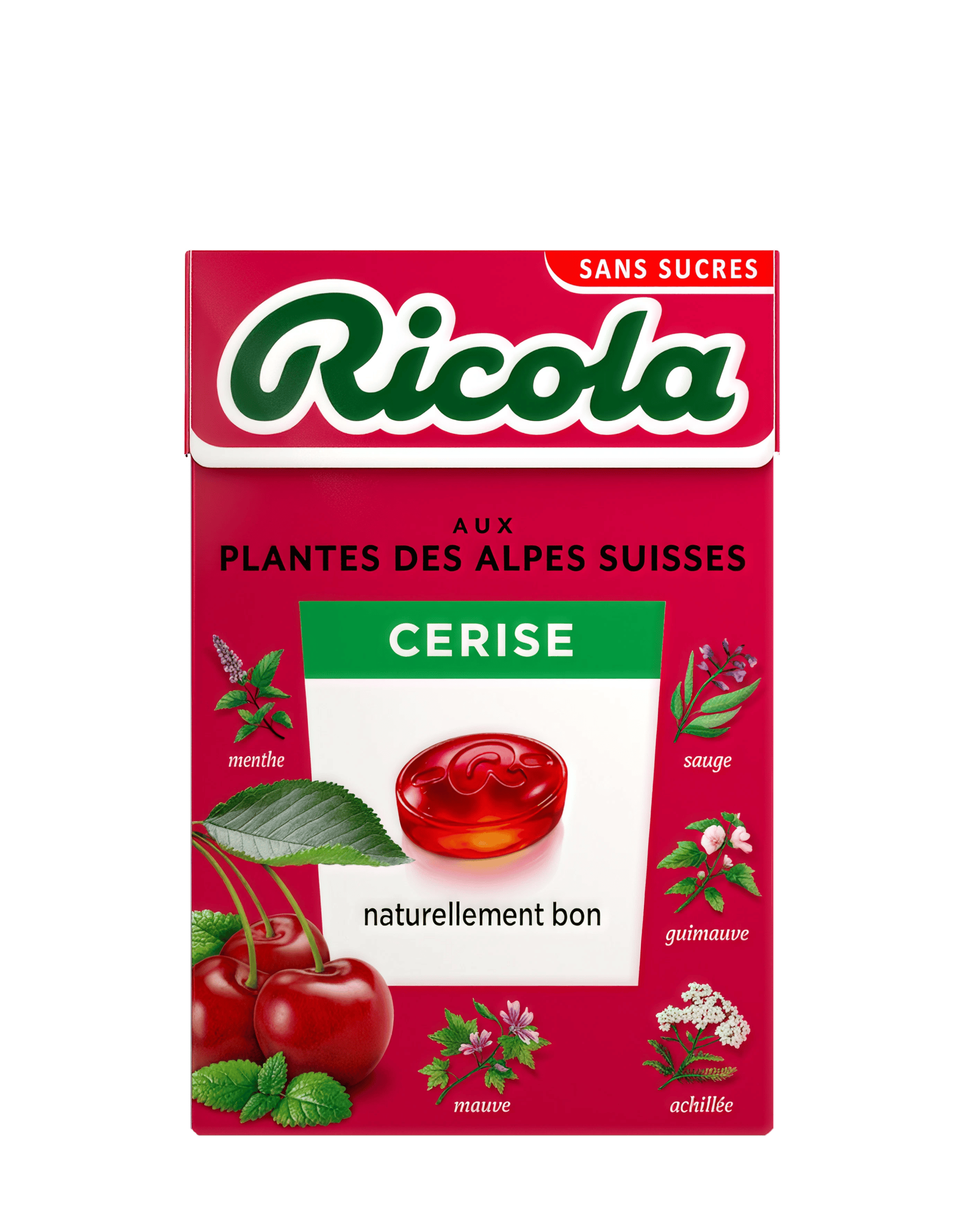 Boîte de bonbons Ricola Cerise sans sucres au packaging rouge, illustrant des cerises fraîches, un bonbon rouge au centre et des plantes des Alpes suisses.