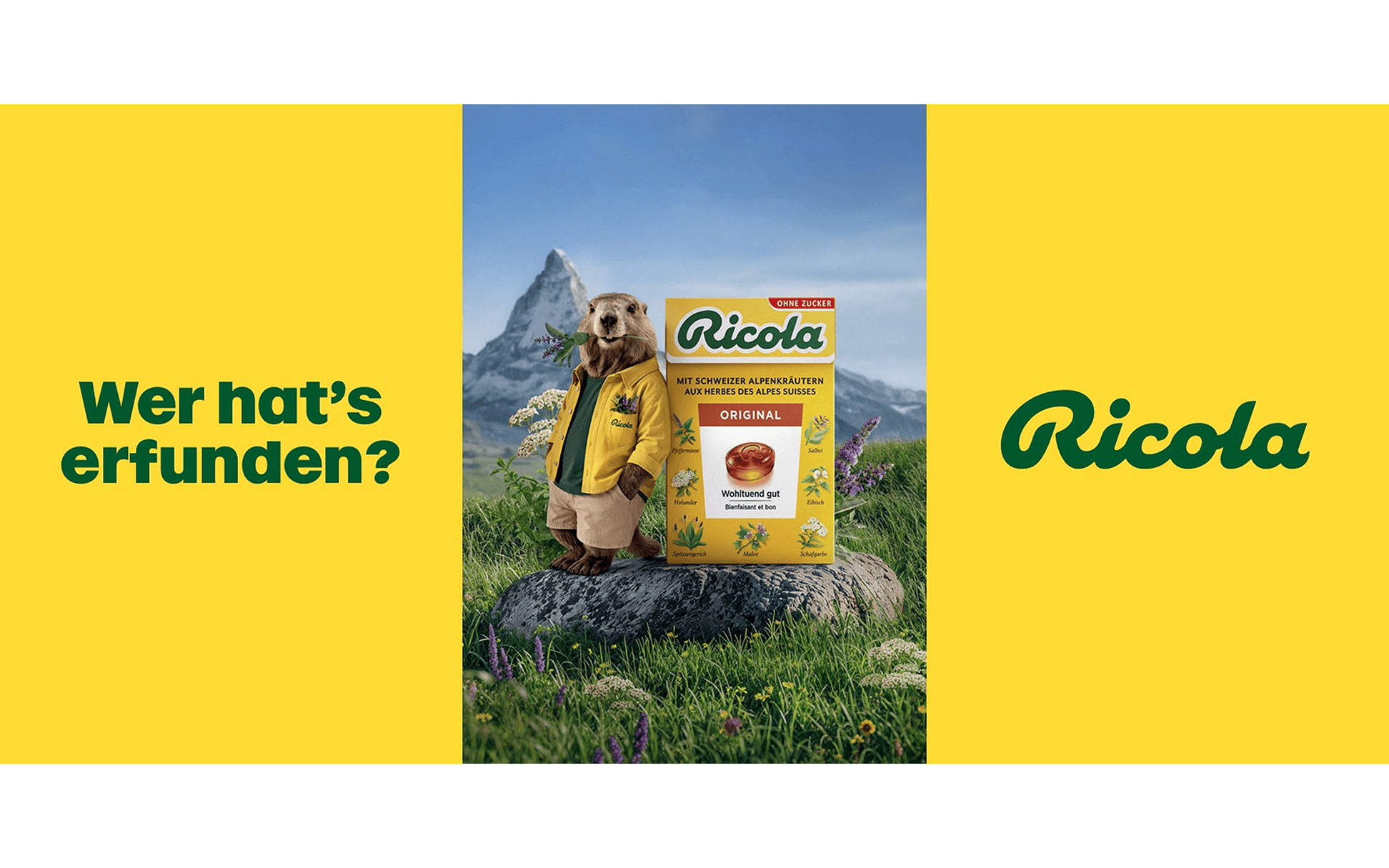 Ricola Werbebanner mit dem Slogan „Wer hat’s erfunden?“ auf gelbem Hintergrund, einem Murmeltier in Jacke und einer Ricola-Schachtel in einer Alpwiese vor dem Matterhorn.