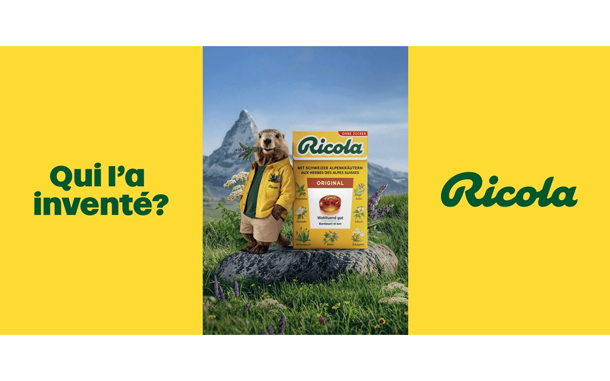 Publicité Ricola avec le slogan « Qui l'a inventé ? » sur fond jaune, montrant une marmotte habillée à côté d'une boîte Ricola dans une prairie alpine face au Cervin.