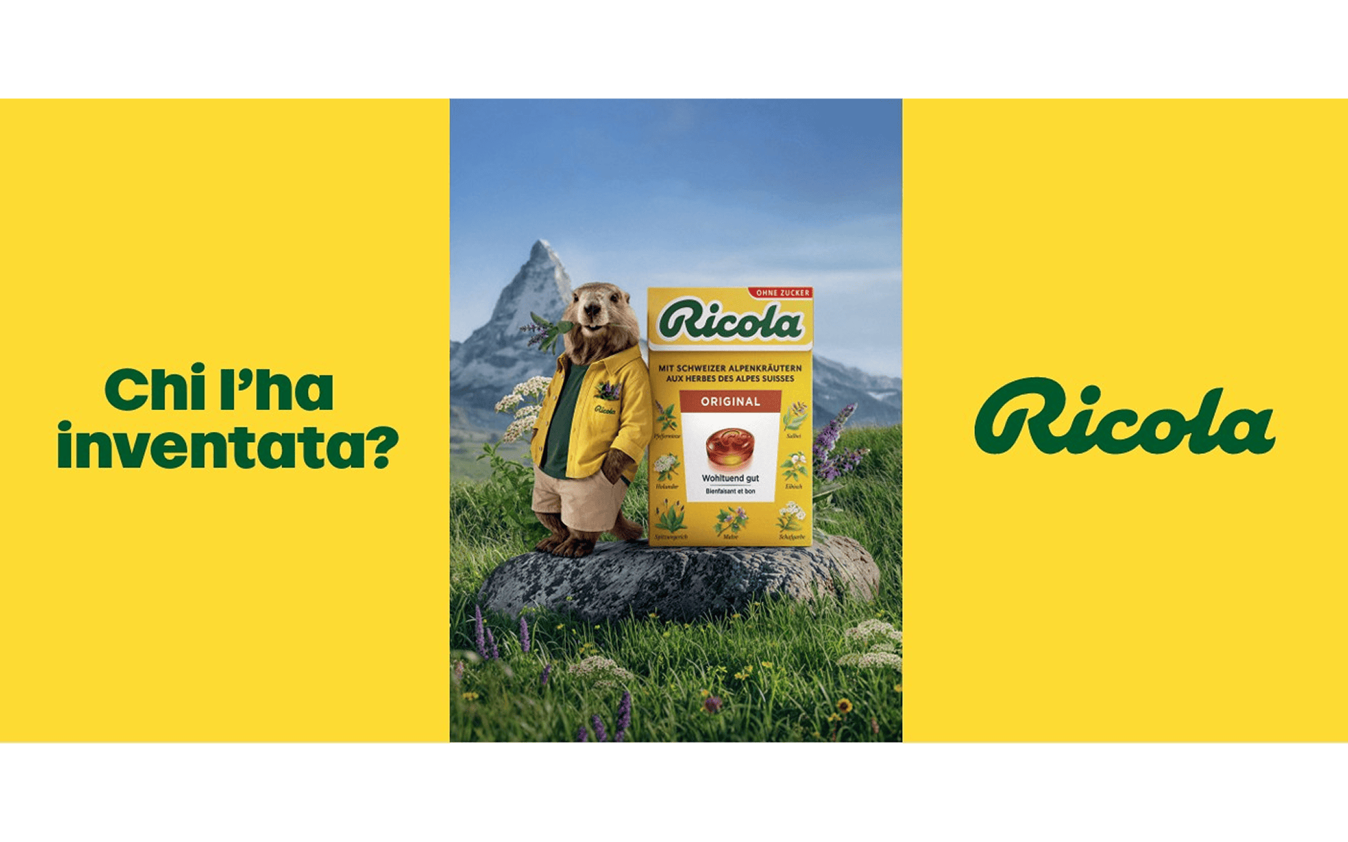 Pubblicità Ricola con lo slogan "Chi l'ha inventata?" su sfondo giallo, con una marmotta vestita e una scatola di Ricola in un prato alpino davanti al Cervino.