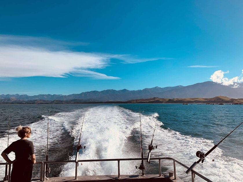 Looking back at Kaikoura from fishing charter boat