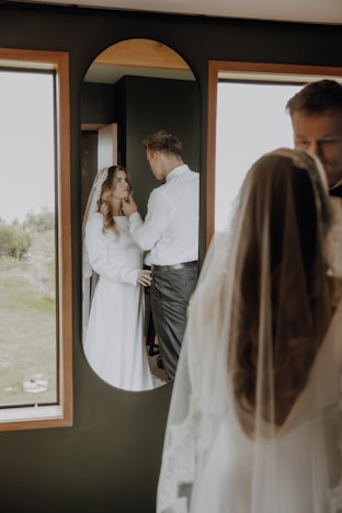 Bride & Groom in mirror looking at each other