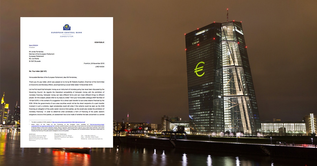 ECB confirms &#8216;helicopter money&#8217; is legally feasible under conditions