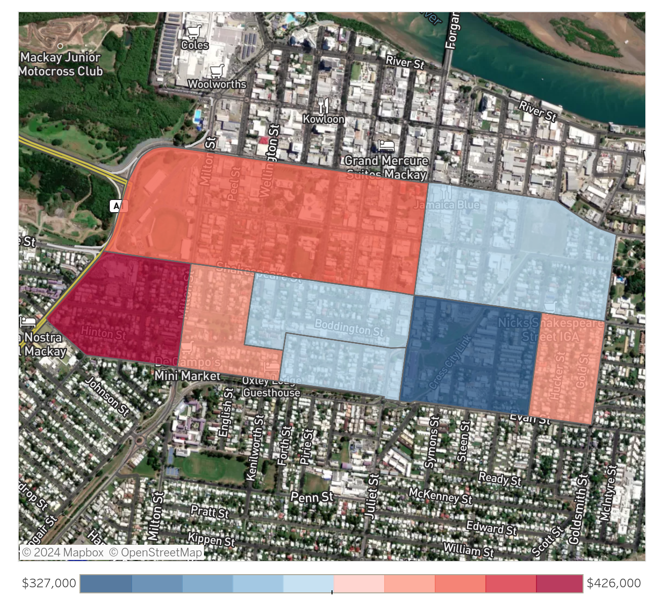 A map of Mackay with color-coded property value zones. Dark blue areas represent values up to $300,000, transitioning through lighter blue and red shades, with dark red indicating values up to $426,000. Major streets and landmarks are labeled.