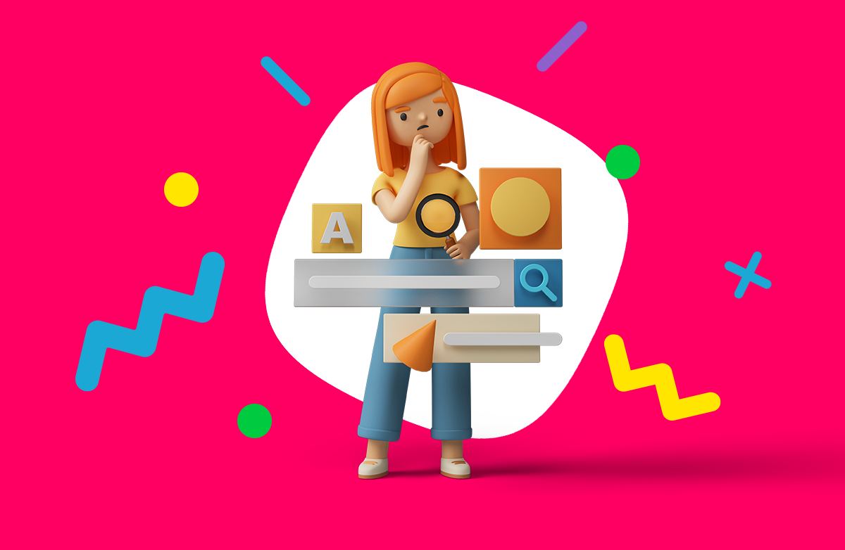 A 3D illustration of a concerned woman standing and pondering, surrounded by search engine elements like a search box, magnifying glass, and various shapes on a vibrant pink background. Colorful geometric shapes decorate the scene, adding a playful touch.