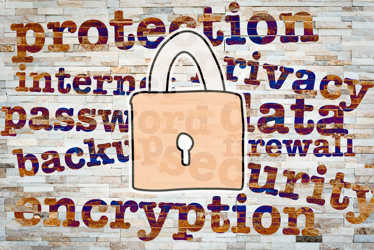 A padlock with writings on the background regarding protection, privacy, password, etc.