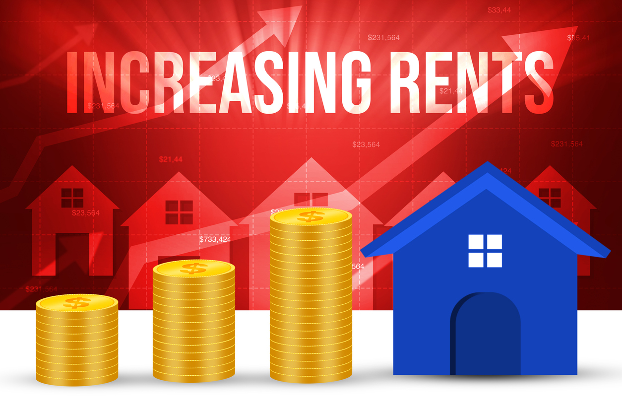 Pile of coins with house beside it and the word increasing rents on top.
