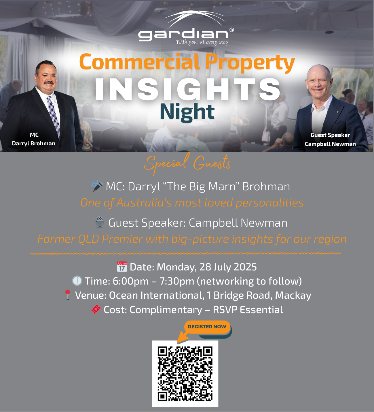 Invitation to Gardian Commercial Insights Night 2025 with Darryl Brohman and Campbell Newman.