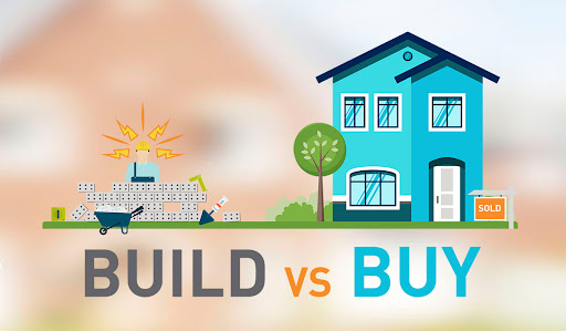 Construction Scene and established house, with build vs buy written at the bottom.