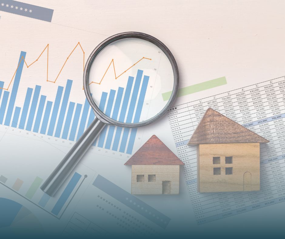 A magnifying glass with 2 houses beside it and with graphs and reports on the background.