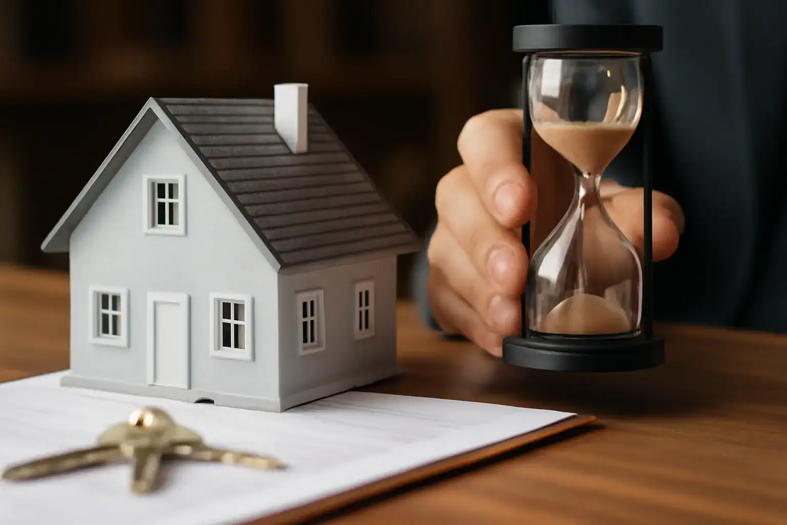 A house and a key with a hand beside it holding an hour glass.