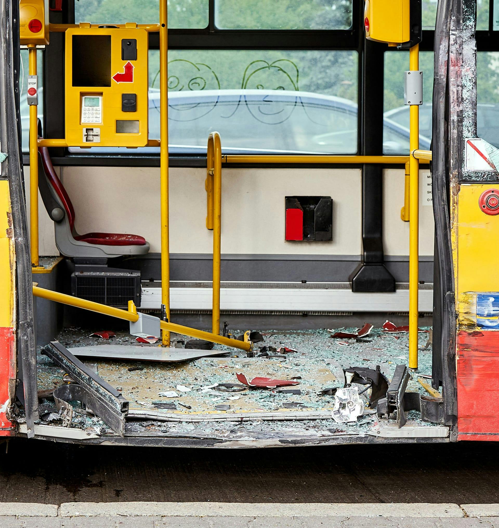 glass and debris in a bus