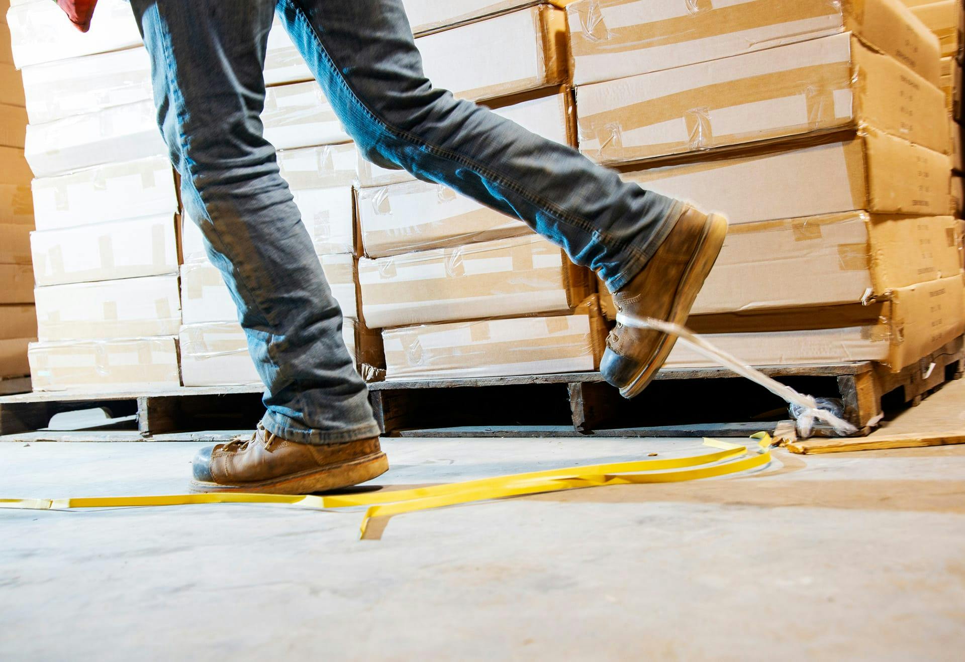 man tripping on rope in warehouse